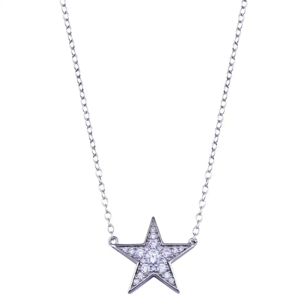925 Sterling Silver Rhodium Plated Clear CZ Star Necklace