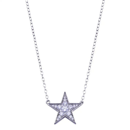 925 Sterling Silver Rhodium Plated Clear CZ Star Necklace