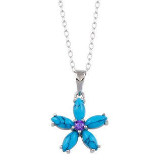 925 Sterling Silver Rhodium Plated Turquoise Flower and Purple CZ Necklace