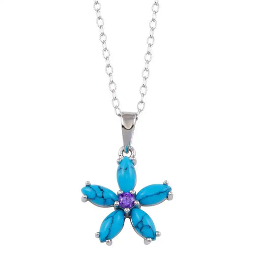 925 Sterling Silver Rhodium Plated Turquoise Flower and Purple CZ Necklace