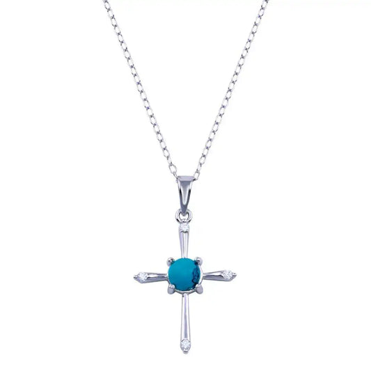 925 Sterling Silver Rhodium Plated Cross Turquoise CZ Necklace
