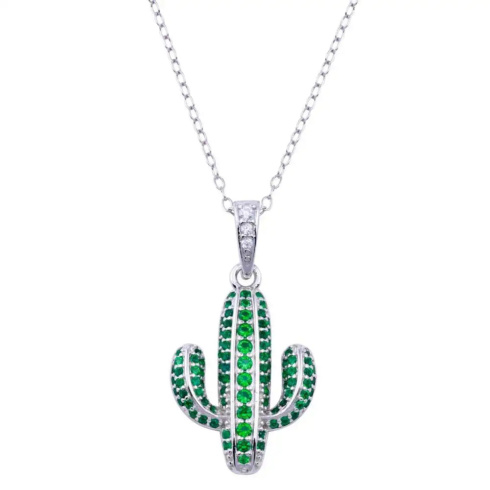 925 Sterling Silver Rhodium Plated Cactus Green CZ Necklace