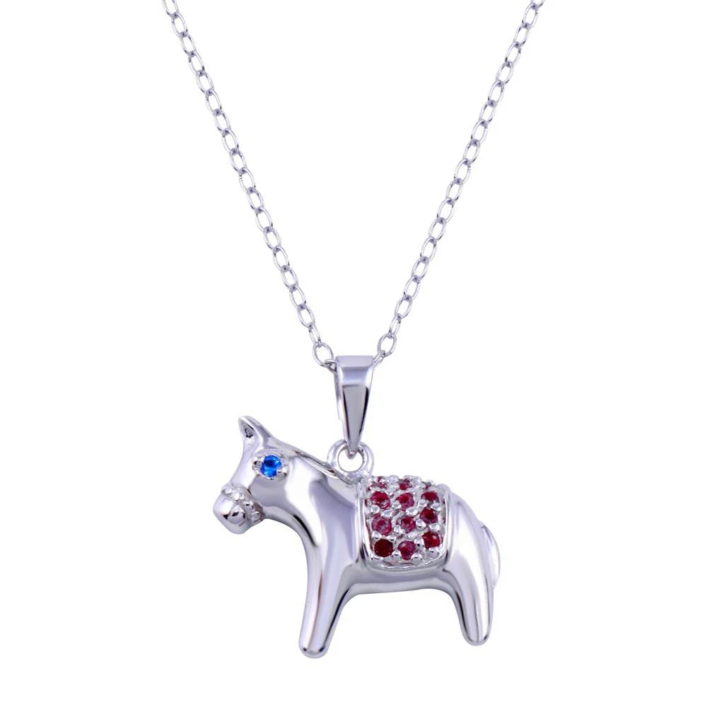925 Sterling Silver Rhodium Plated Donkey Red and Blue CZ Necklace