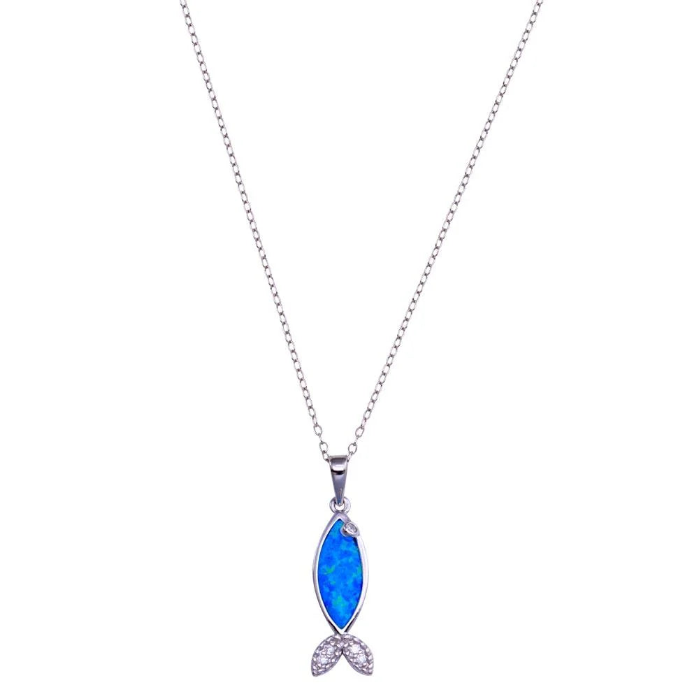 925 Sterling Silver Rhodium Plated Blue Opal Fish CZ Necklace
