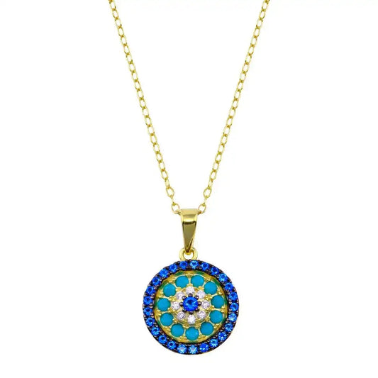 925 Sterling Silver Gold Plated Round Charm Turquoise Blue CZ Necklace