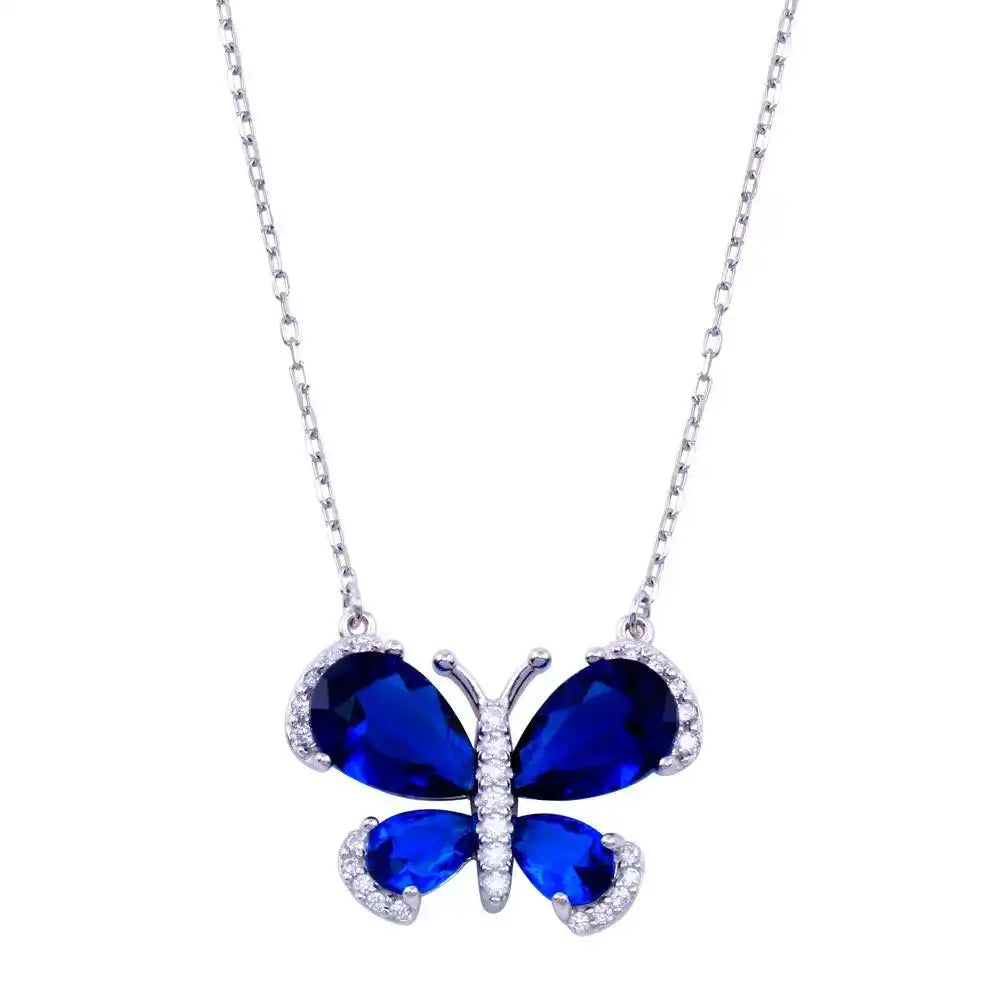 925 Sterling Silver Rhodium Plated Butterfly Clear and Blue CZ Necklace