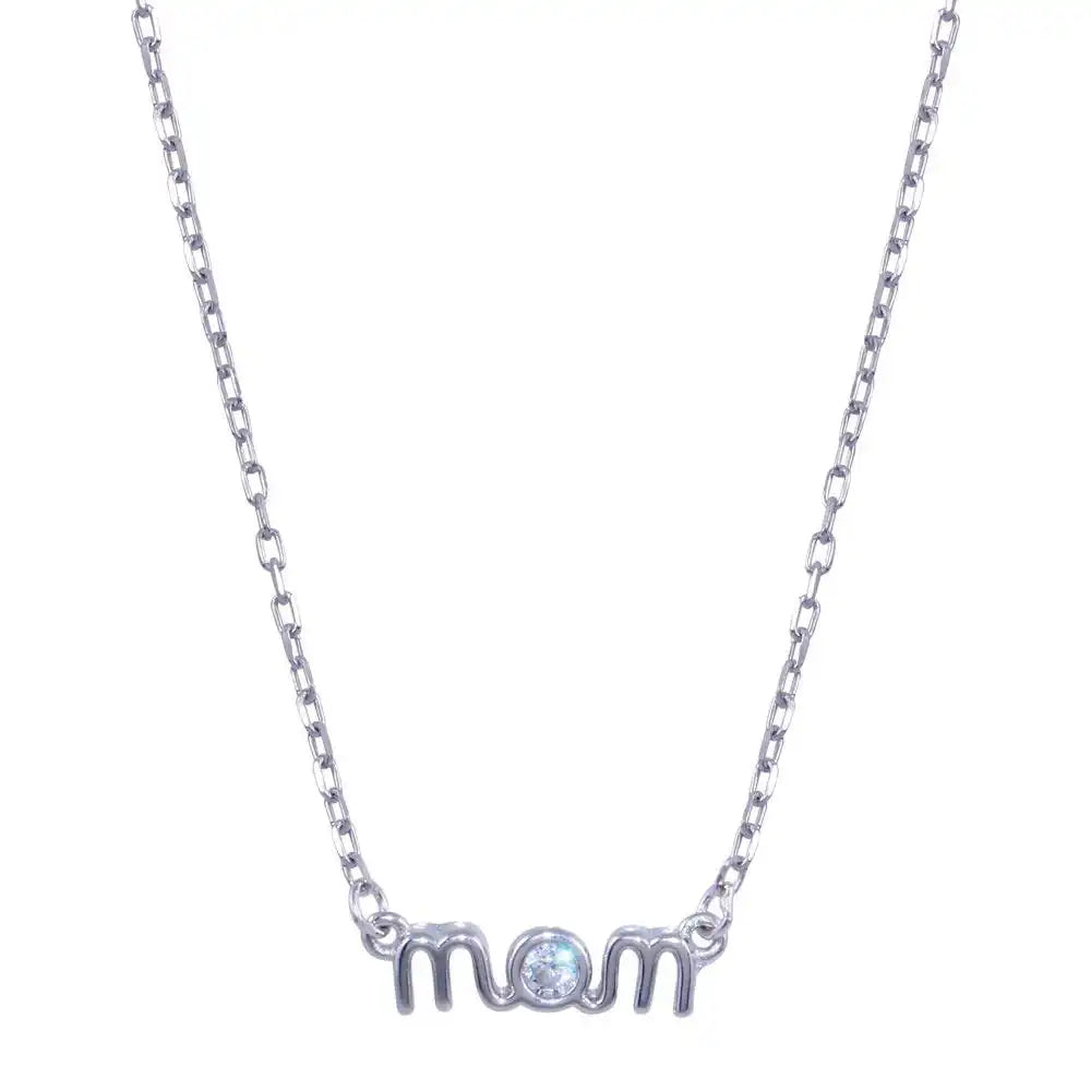 925 Sterling Silver Rhodium Plated Mom Clear CZ Necklace
