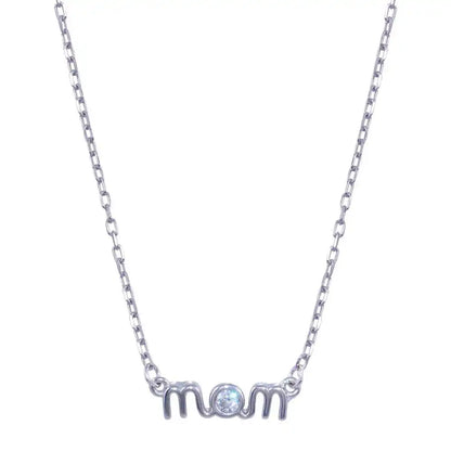 925 Sterling Silver Rhodium Plated Mom Clear CZ Necklace