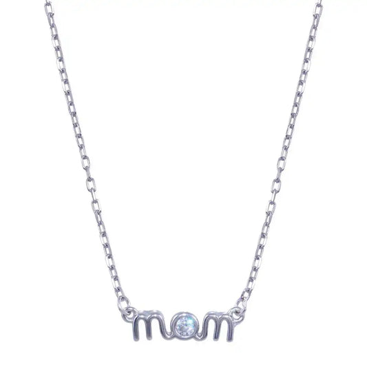 925 Sterling Silver Rhodium Plated Mom Clear CZ Necklace