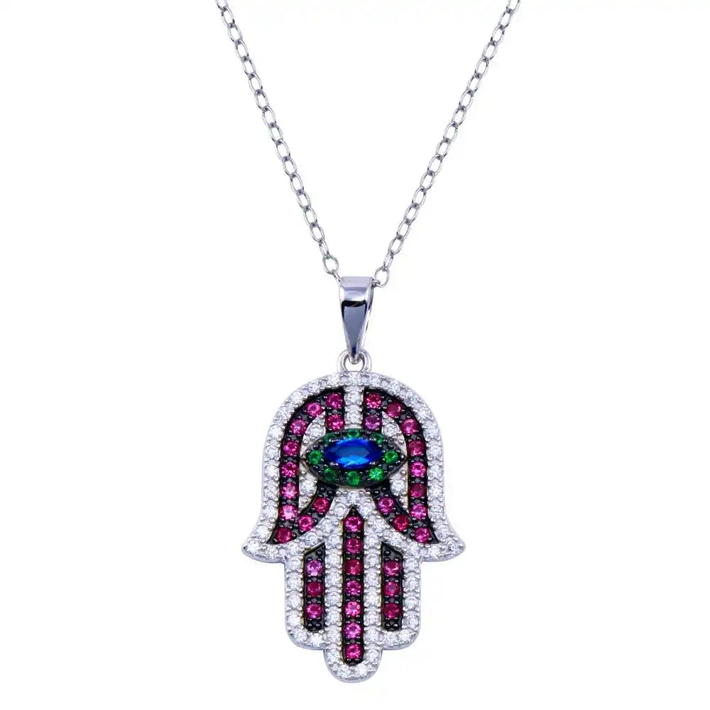 925 Sterling Silver Rhodium Plated Hamsa Multicolor CZ Necklace