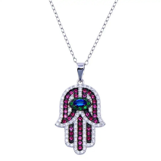 925 Sterling Silver Rhodium Plated Hamsa Multicolor CZ Necklace