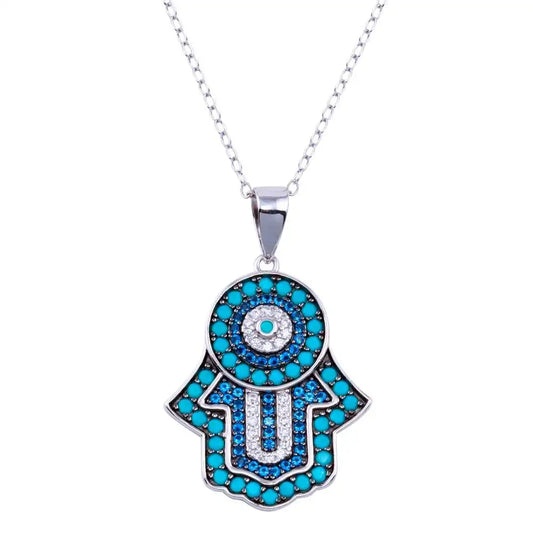 925 Sterling Silver Rhodium Plated Turquoise Hamsa Clear and Blue CZ Necklace