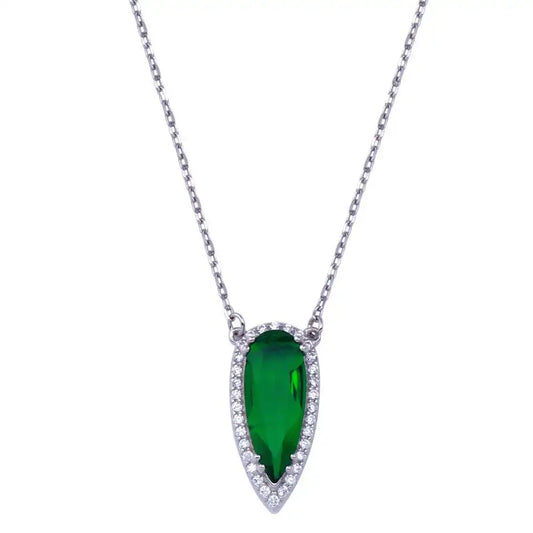 925 Sterling Silver Rhodium Plated Teardrop Green and Clear CZ Necklace