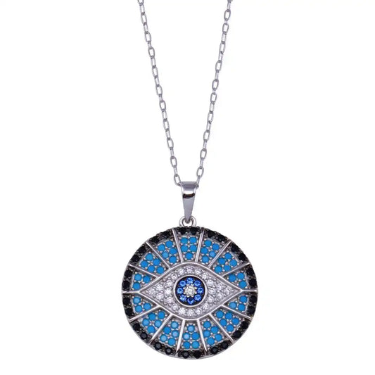 925 Sterling Silver Rhodium Plated Round Evil Eye CZ Necklace