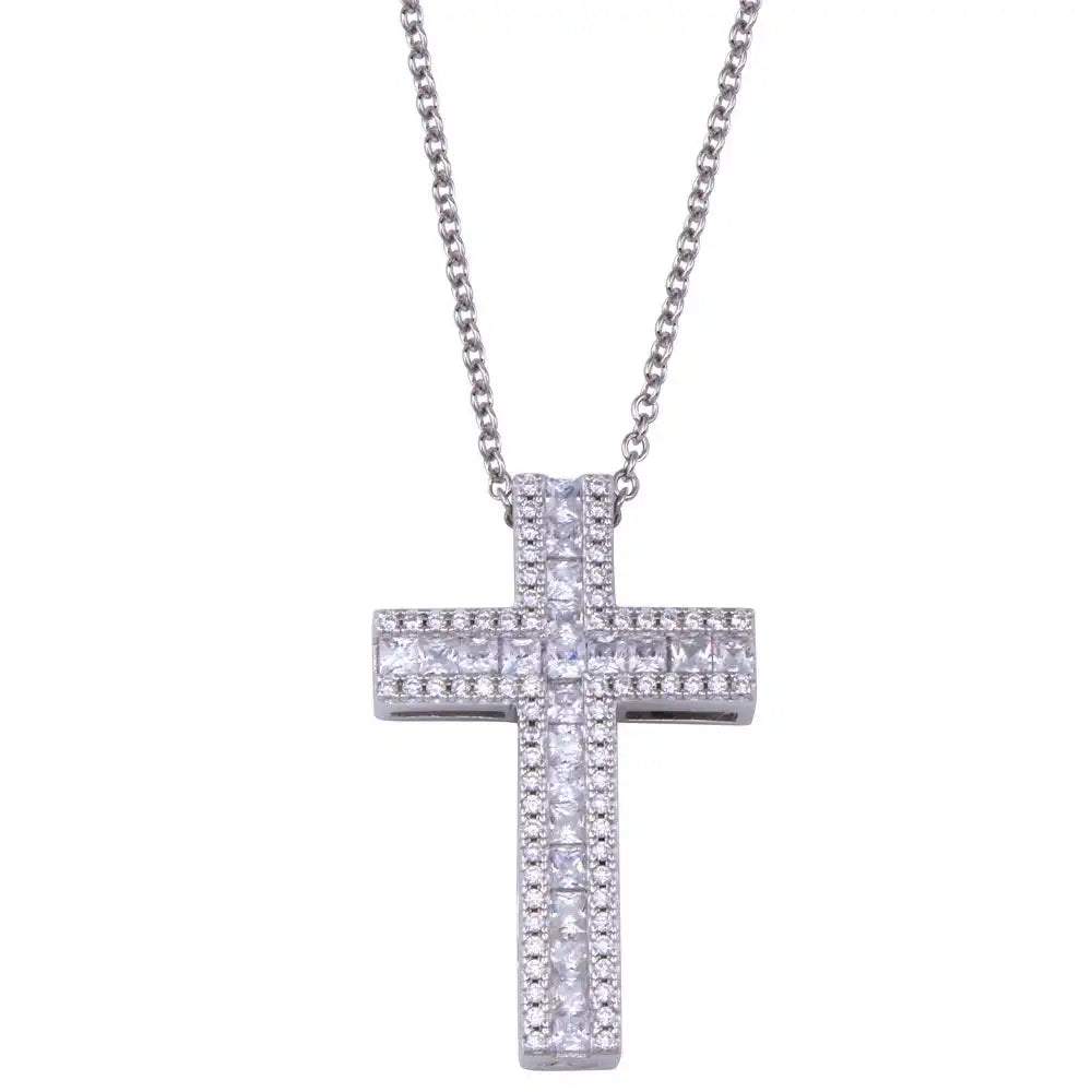 925 Sterling Silver Rhodium Plated Cross CZ Necklace