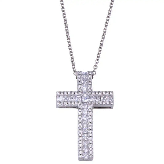 925 Sterling Silver Rhodium Plated Cross CZ Necklace