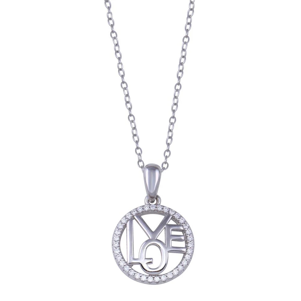 925 Sterling Silver Rhodium Plated Round Love Clear CZ Necklace