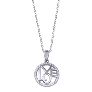 925 Sterling Silver Rhodium Plated Round Love Clear CZ Necklace