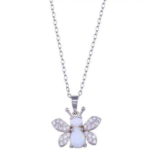 925 Sterling Silver Rhodium Plated Butterfly Synthetic Opal CZ Necklace