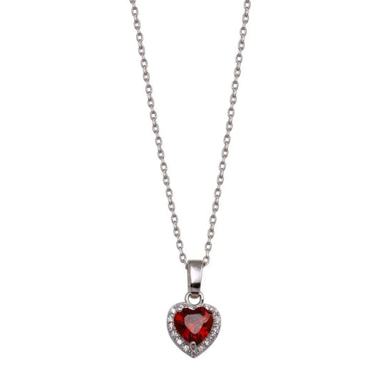 925 Sterling Silver Rhodium Plated Red Halo Heart Necklace