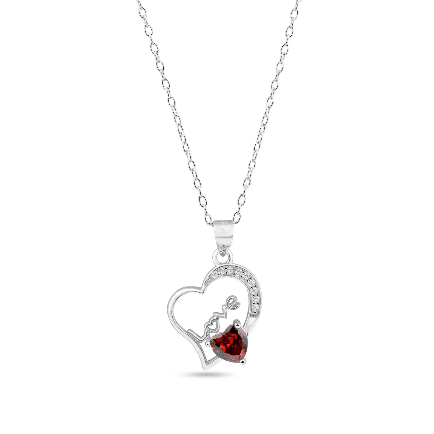 925 Sterling Silver Rhodium Plated Love Heart Clear and Red CZ Adjustable Necklace