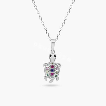 925 Sterling Silver Rhodium Plated Clear Multi Color CZ Turtle Pendant Necklace