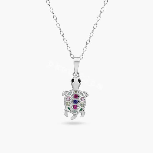 925 Sterling Silver Rhodium Plated Clear Multi Color CZ Turtle Pendant Necklace
