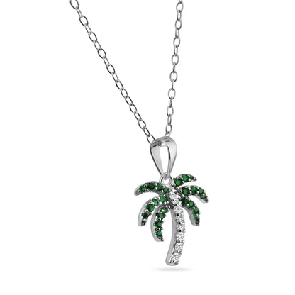 925 Sterling Silver Rhodium Plated Green and Clear Palm Tree Pendant Necklace