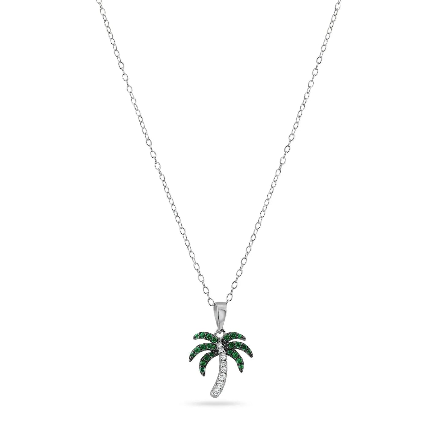 925 Sterling Silver Rhodium Plated Green and Clear Palm Tree Pendant Necklace