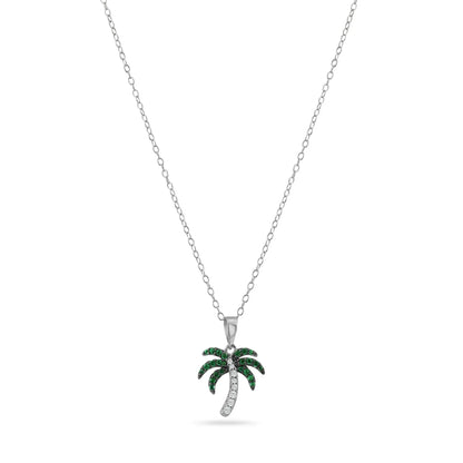 925 Sterling Silver Rhodium Plated Green and Clear Palm Tree Pendant Necklace
