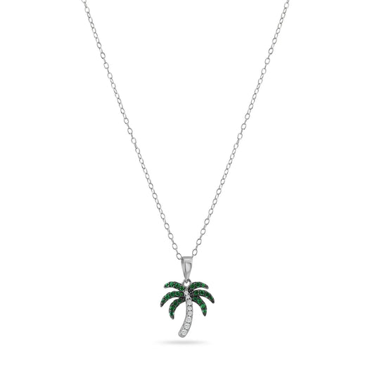 925 Sterling Silver Rhodium Plated Green and Clear Palm Tree Pendant Necklace