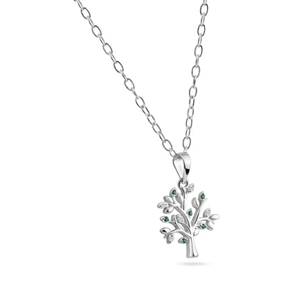 925 Sterling Silver Rhodium Plated Green and Clear Tree Pendant Necklace