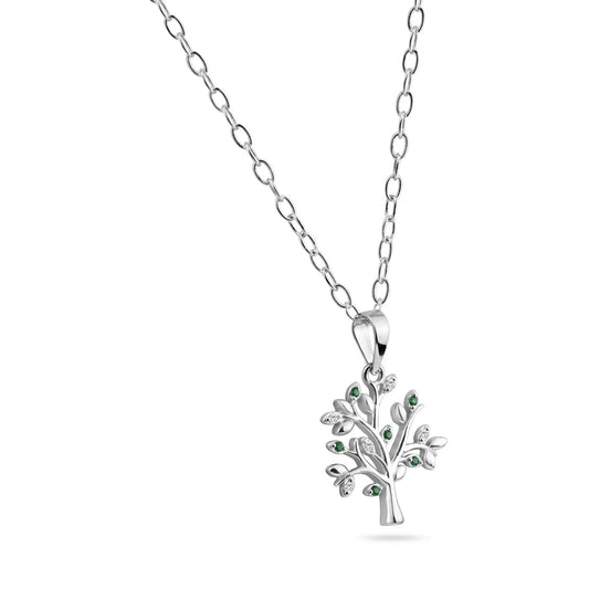 925 Sterling Silver Rhodium Plated Green and Clear Tree Pendant Necklace