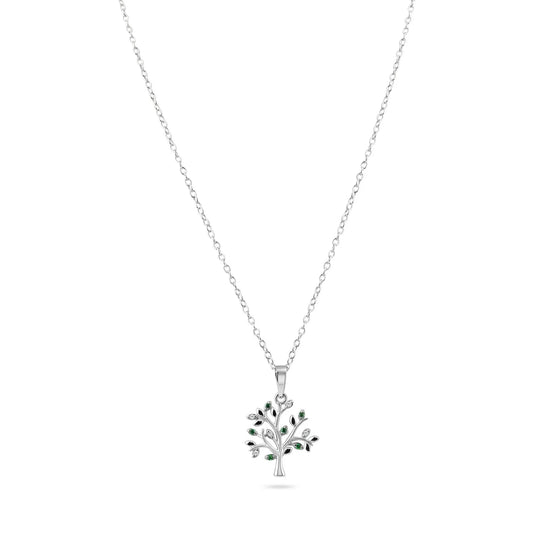 925 Sterling Silver Rhodium Plated Green and Clear Tree Pendant Necklace