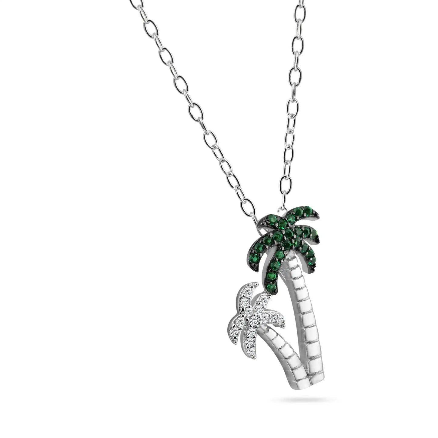 925 Sterling Silver Rhodium Plated Green and Clear Two Palm Tree Pendant Necklace