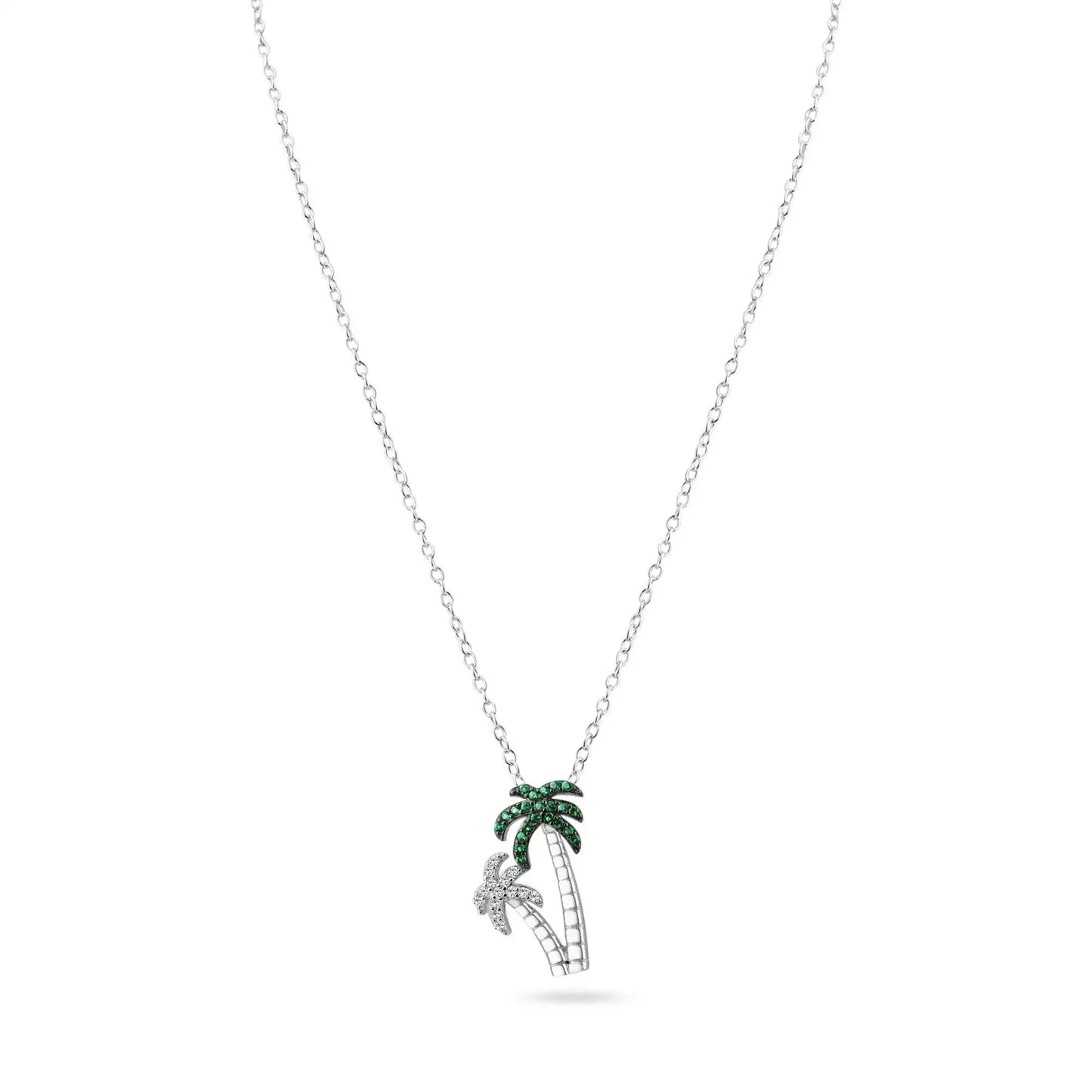 925 Sterling Silver Rhodium Plated Green and Clear Two Palm Tree Pendant Necklace