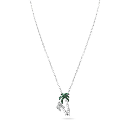 925 Sterling Silver Rhodium Plated Green and Clear Two Palm Tree Pendant Necklace