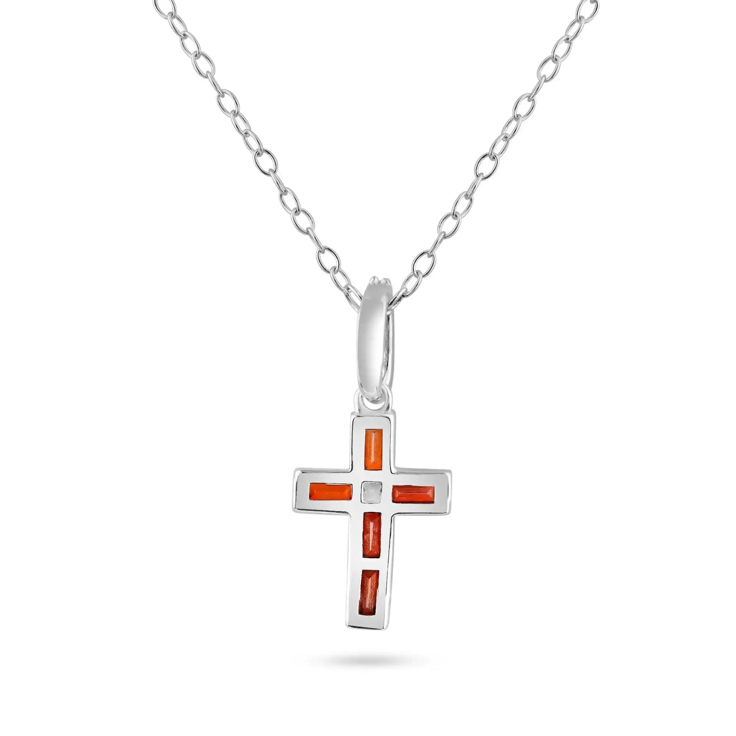 925 Sterling Silver Rhodium Plated Cross Red CZ Pendant Necklace