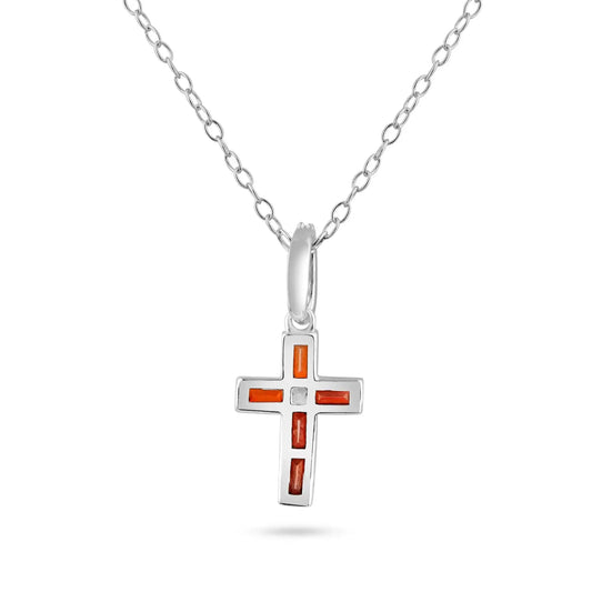 925 Sterling Silver Rhodium Plated Cross Red CZ Pendant Necklace