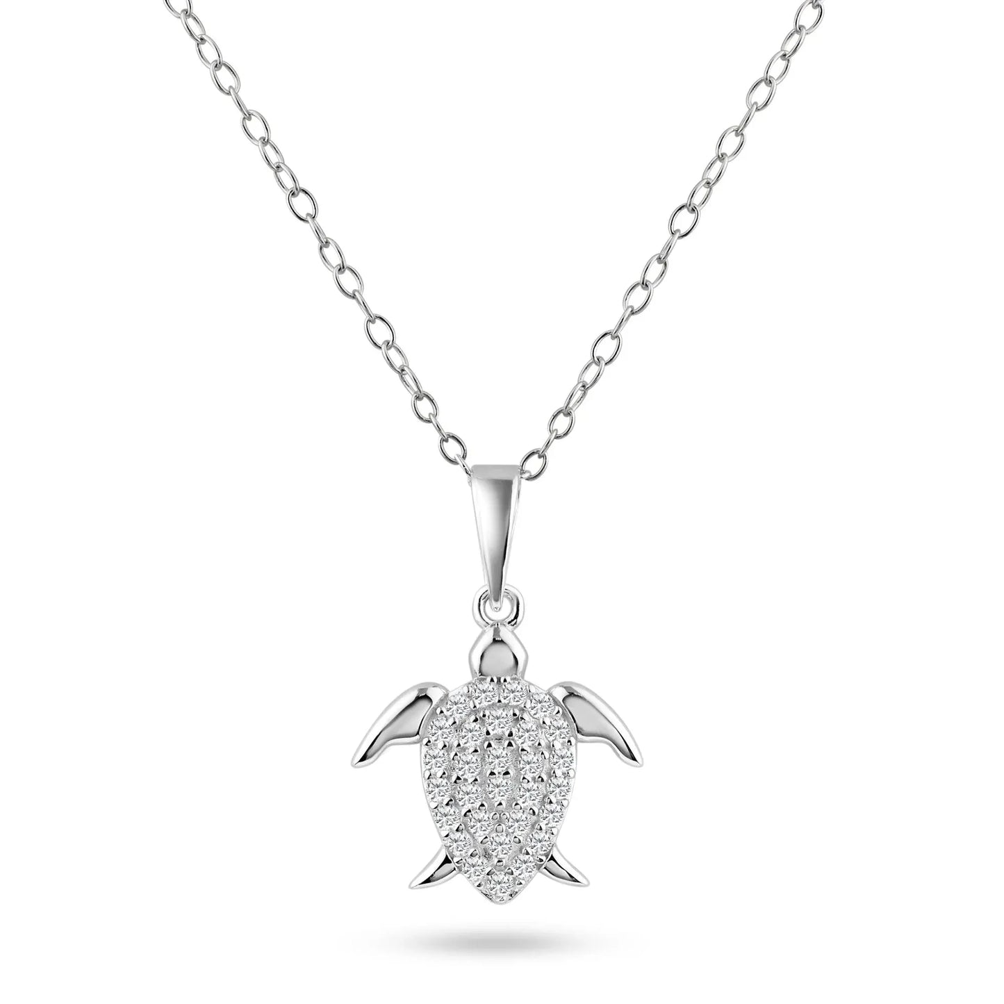 925 Sterling Silver  Rhodium PlatedTurtle Clear CZ Pendant Necklace