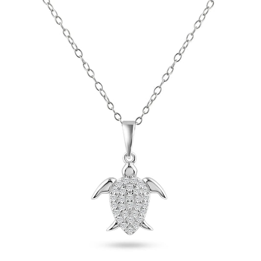 925 Sterling Silver  Rhodium PlatedTurtle Clear CZ Pendant Necklace