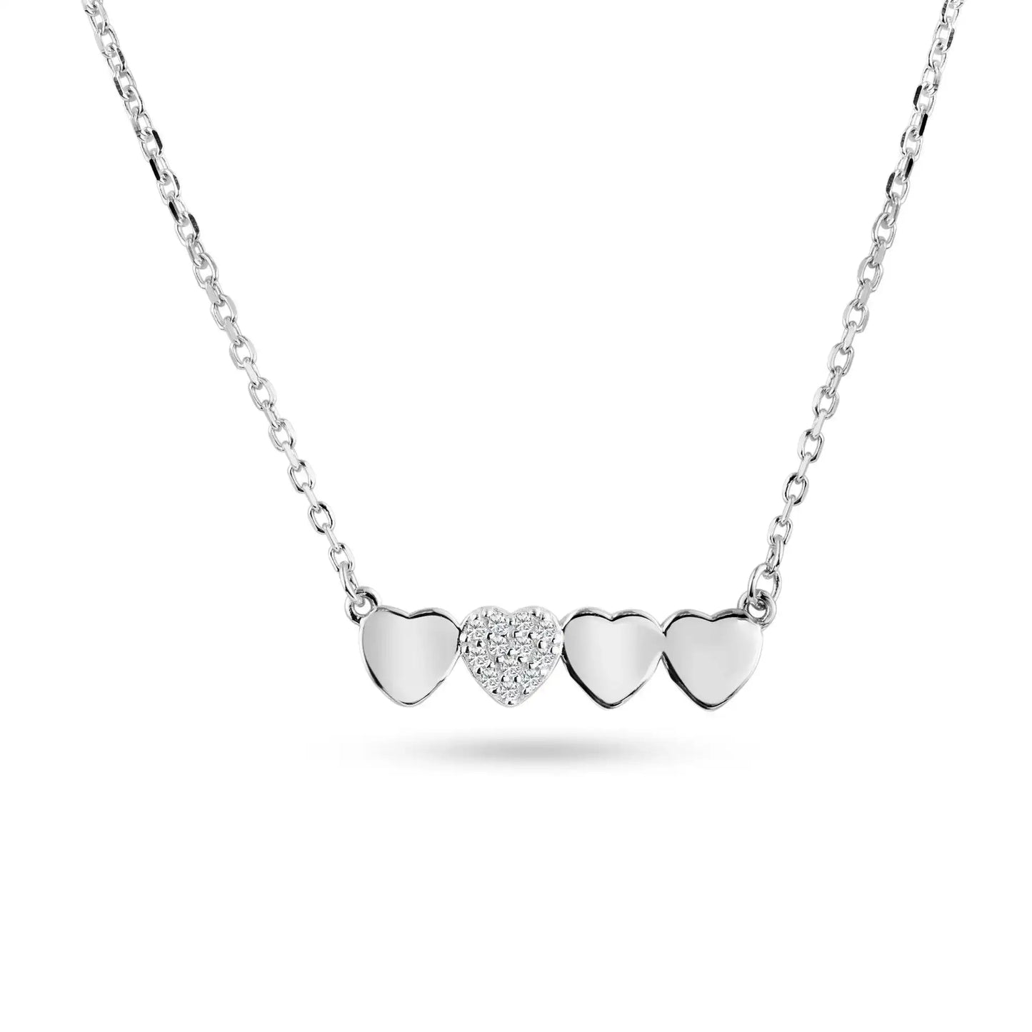 925 Sterling Silver Rhodium Plated Hearts Bar Clear CZ Pendant Necklace