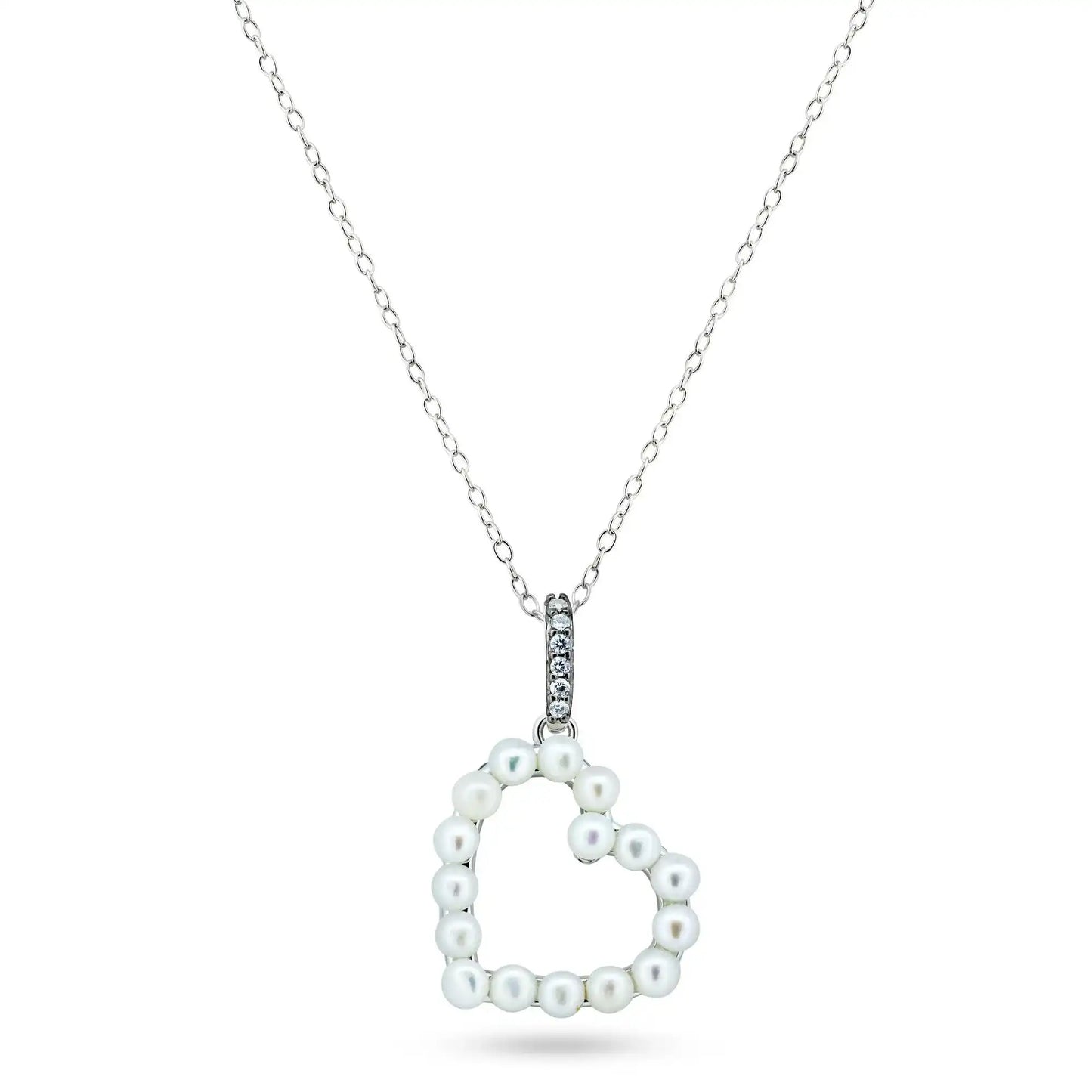 925 Sterling Silver Rhodium Plated Pearl Heart Necklace
