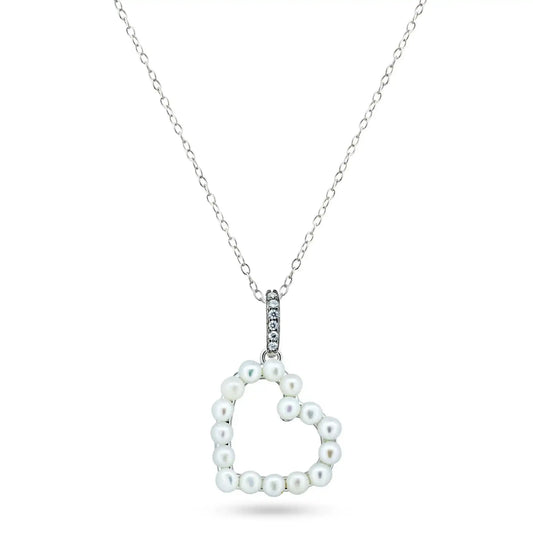 925 Sterling Silver Rhodium Plated Pearl Heart Necklace