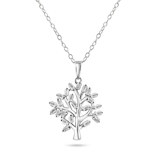 925 Sterling Silver Rhodium Plated Tree of Life Clear CZ Baguette Pendant Necklace