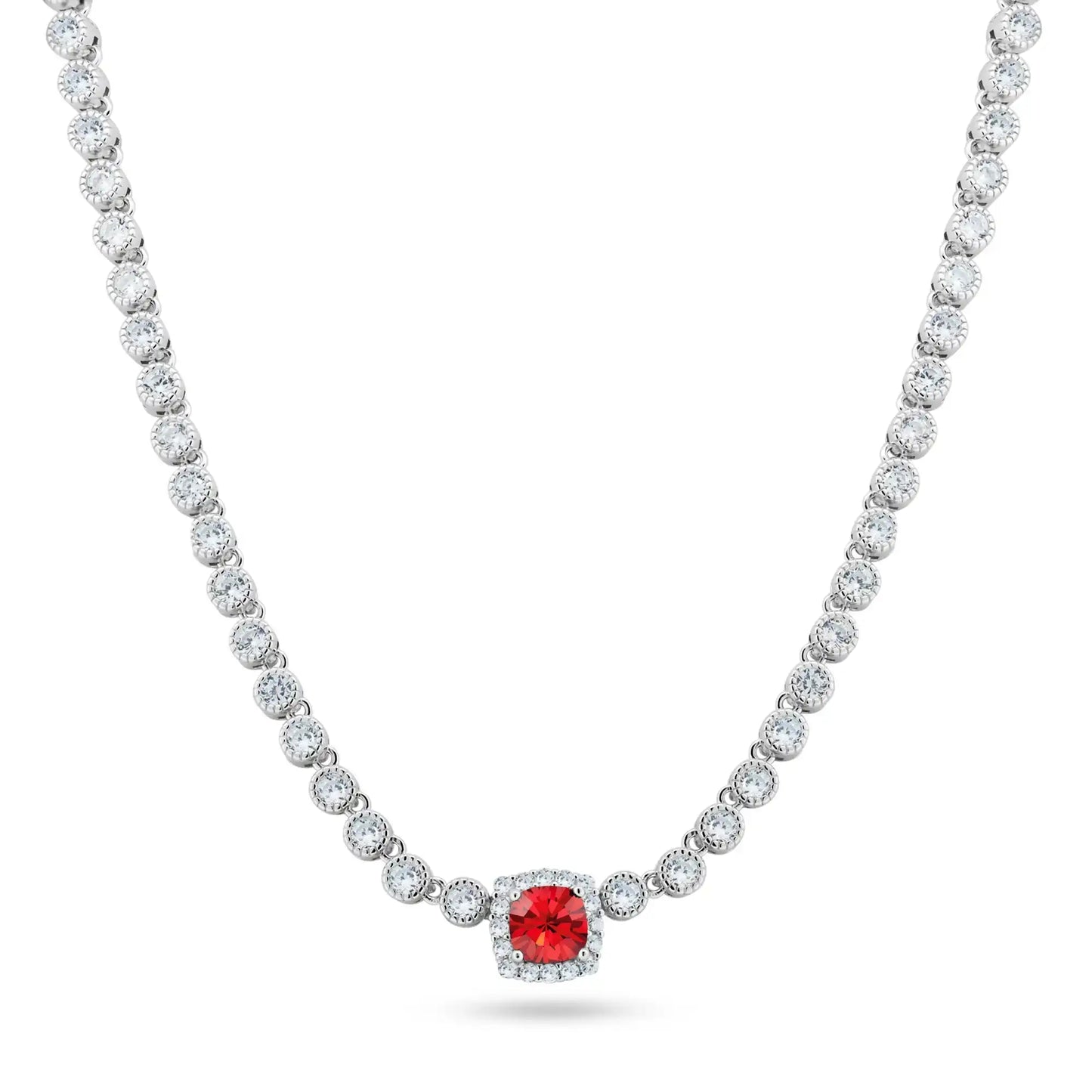 925 Sterling Silver Rhodium Plated CZ Bubble & Birthstone Bridal Tennis Necklace