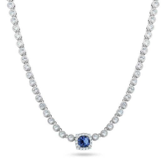 925 Sterling Silver Rhodium Plated Bubble Tennis CZ Blue Center Stone Necklace