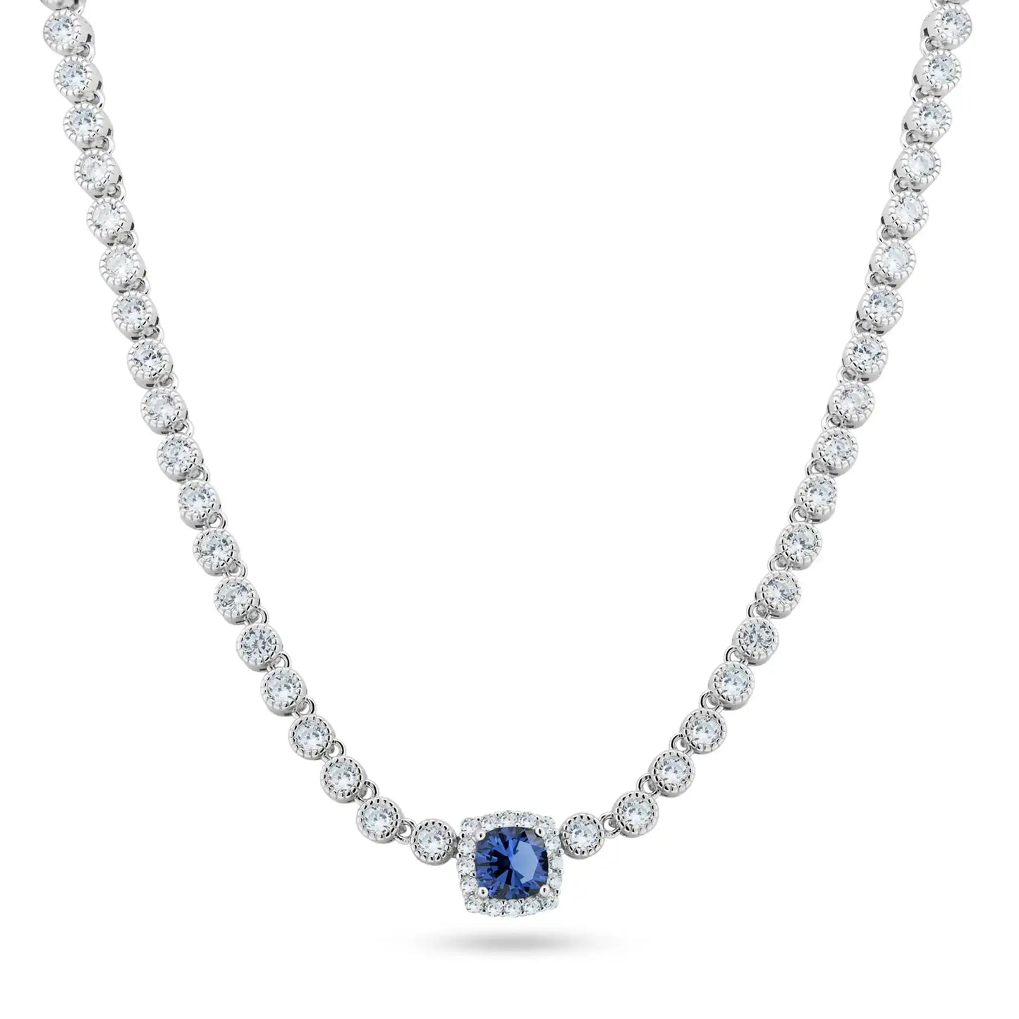 925 Sterling Silver Rhodium Plated CZ Bubble & Birthstone Bridal Tennis Necklace
