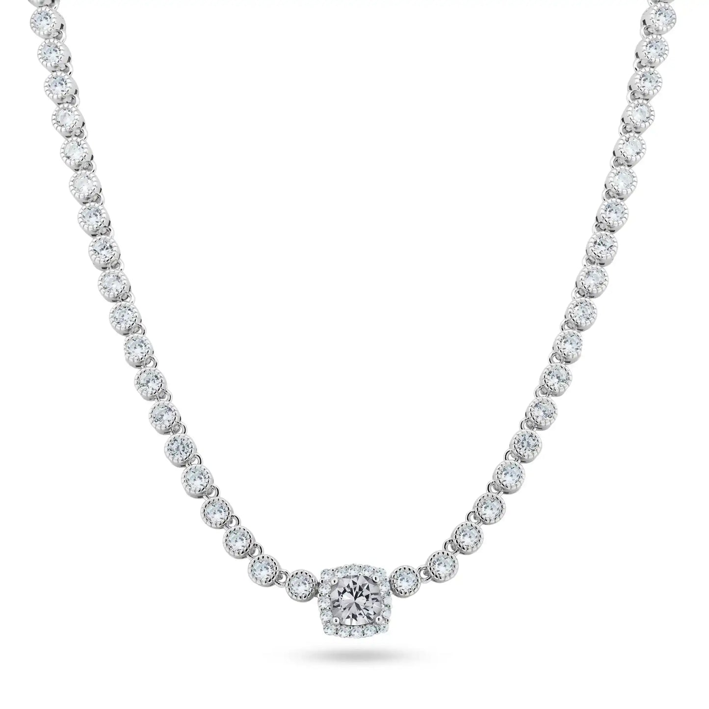 925 Sterling Silver Rhodium Plated CZ Bubble & Birthstone Bridal Tennis Necklace