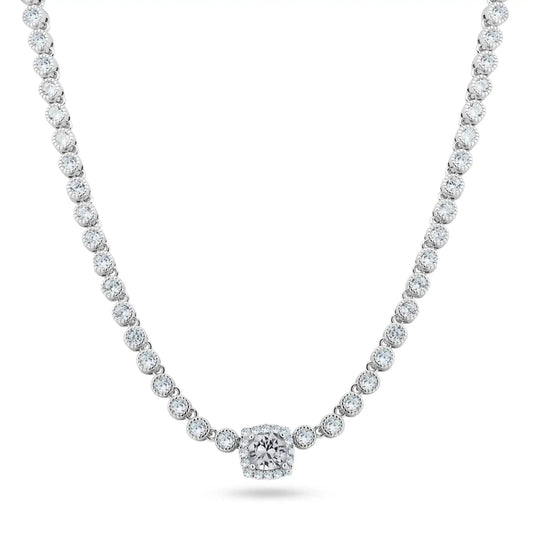 925 Sterling Silver Rhodium Plated CZ Bubble & Birthstone Bridal Tennis Necklace